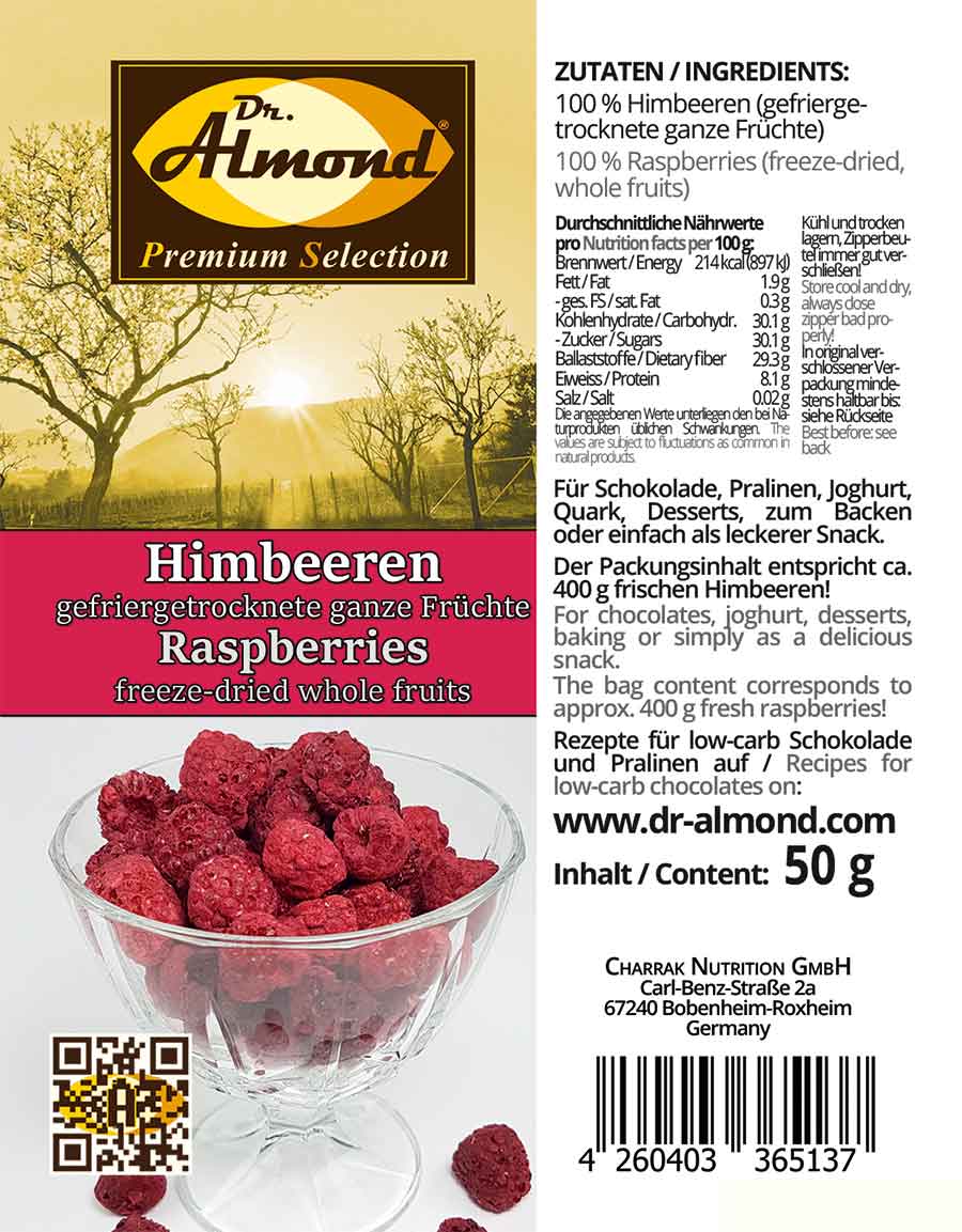 HIMBEEREN gefriergetrocknete ganze Früchte 50 g – 100 % Frucht für low-carb Schokolade, Müsli und als Snack – Bild 5