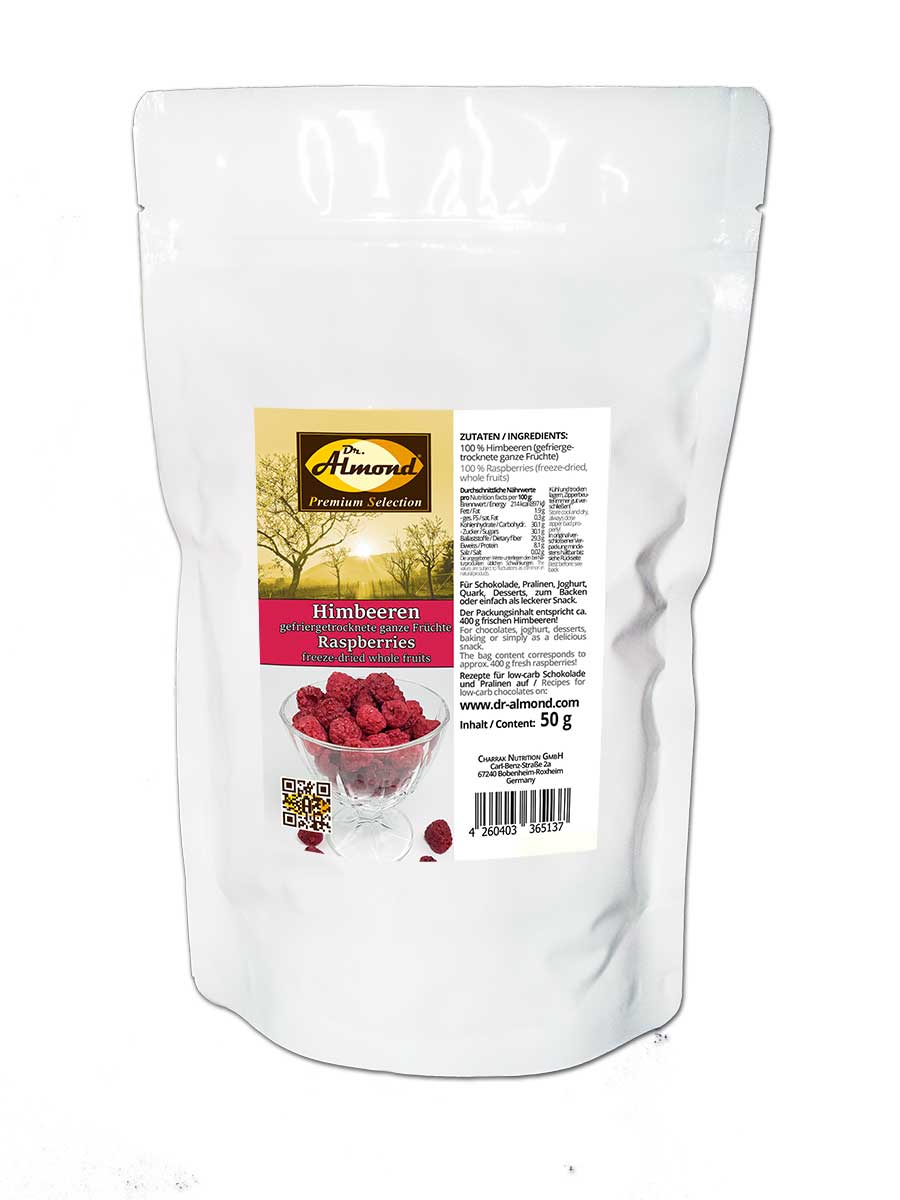 HIMBEEREN gefriergetrocknete ganze Früchte 50 g – 100 % Frucht für low-carb Schokolade, Müsli und als Snack – Bild 2
