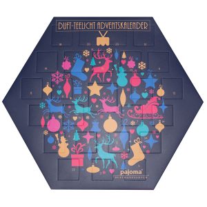 pajoma Duftkerzen Duftteelichte Teelicht Adventskalender sechseckig blau, 24 Teelichte in 6 versch. Sorten inkl. Teelichthalter
