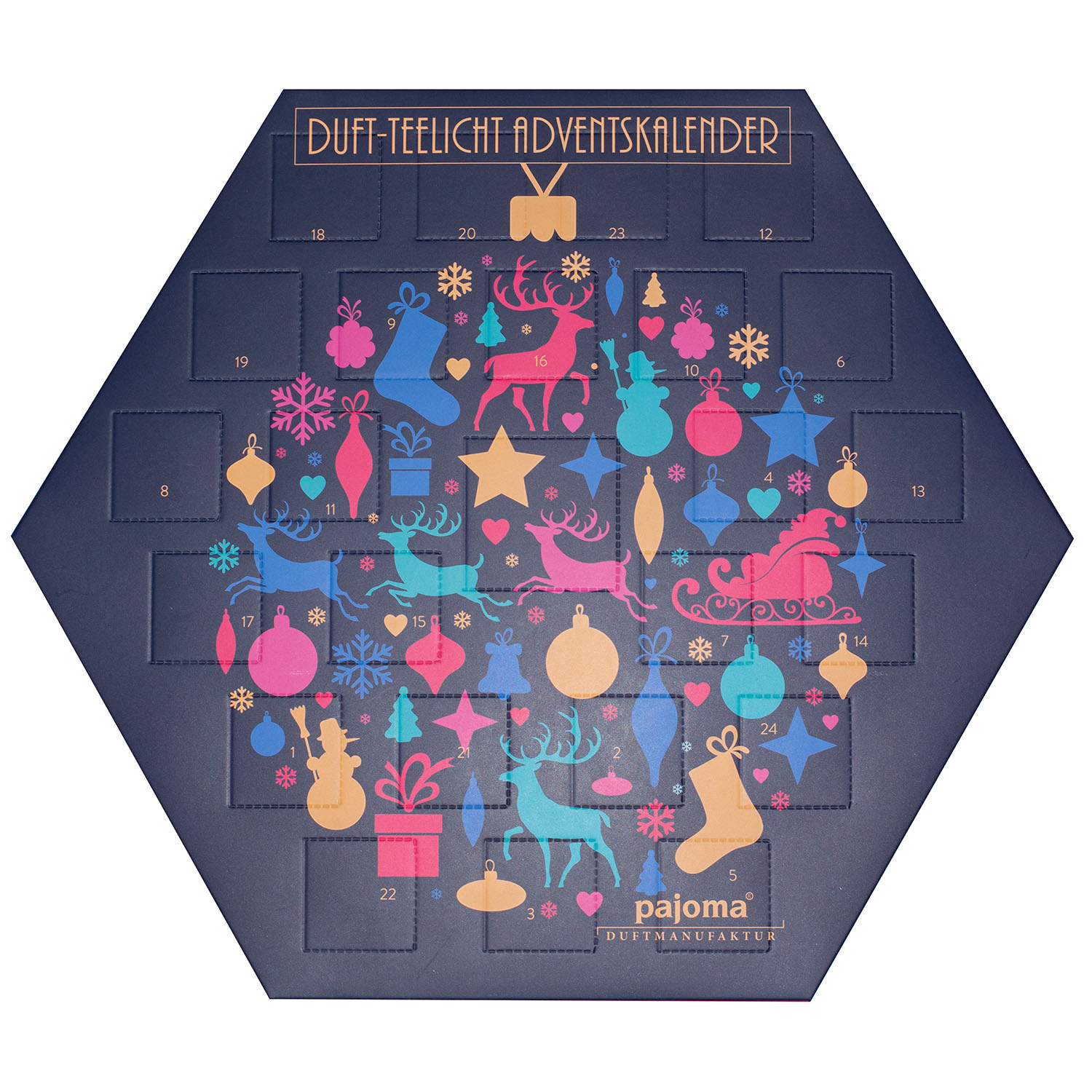 pajoma Duftkerzen Duftteelichte Teelicht Adventskalender sechseckig blau, 24 Teelichte in 6 versch. Sorten inkl. Teelichthalter