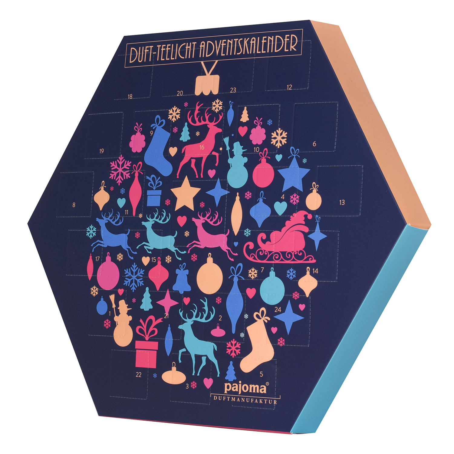 pajoma Duftkerzen Duftteelichte Teelicht Adventskalender sechseckig blau, 24 Teelichte in 6 versch. Sorten inkl. Teelichthalter – Bild 2