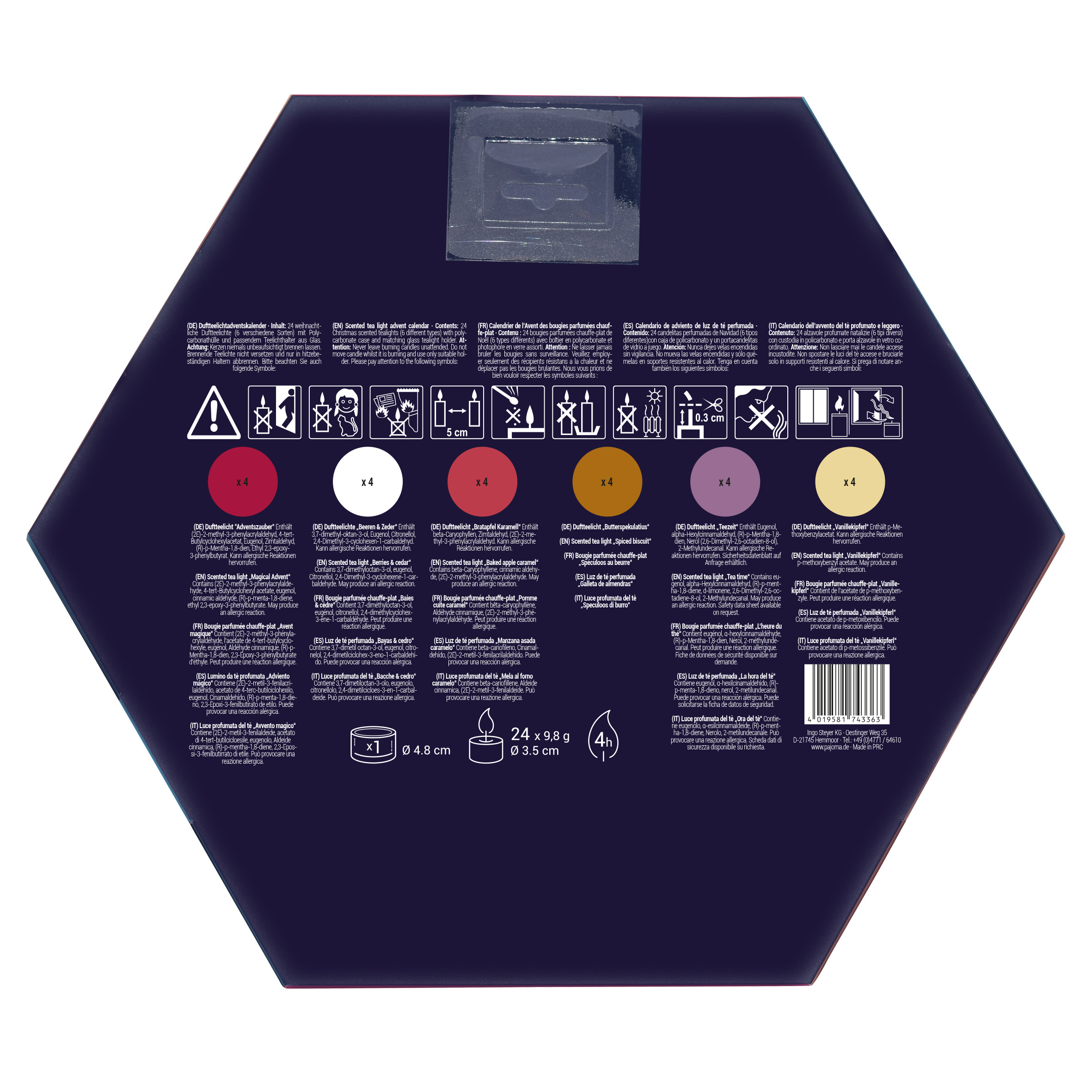 pajoma Duftkerzen Duftteelichte Teelicht Adventskalender sechseckig blau, 24 Teelichte in 6 versch. Sorten inkl. Teelichthalter – Bild 3