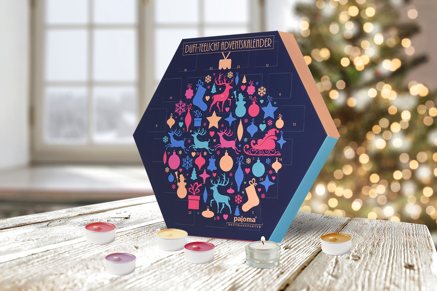pajoma Duftkerzen Duftteelichte Teelicht Adventskalender sechseckig blau, 24 Teelichte in 6 versch. Sorten inkl. Teelichthalter – Bild 4